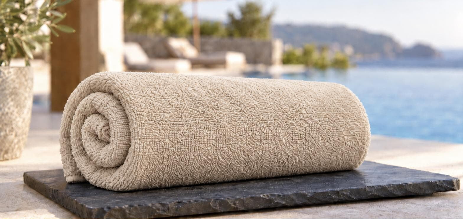 Rolled plain beige cotton terry towel