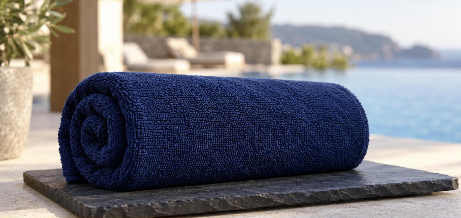 Rolled plain navy cotton terry towel